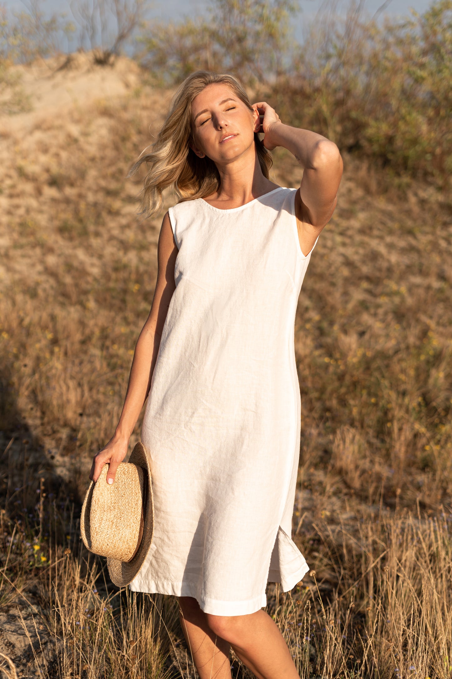 Avery linen midi dress three quarter view handmade linen dress slow fashion