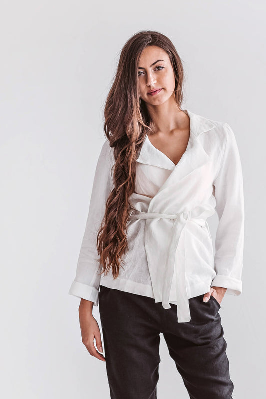 White linen wrap jacket close-up full-body front view, handmade linen jacket slow fashion