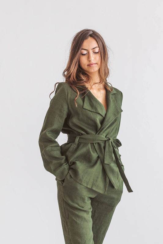 Forest green linen wrap jacket walking pose with soft movement, handmade linen jacket slow fashion