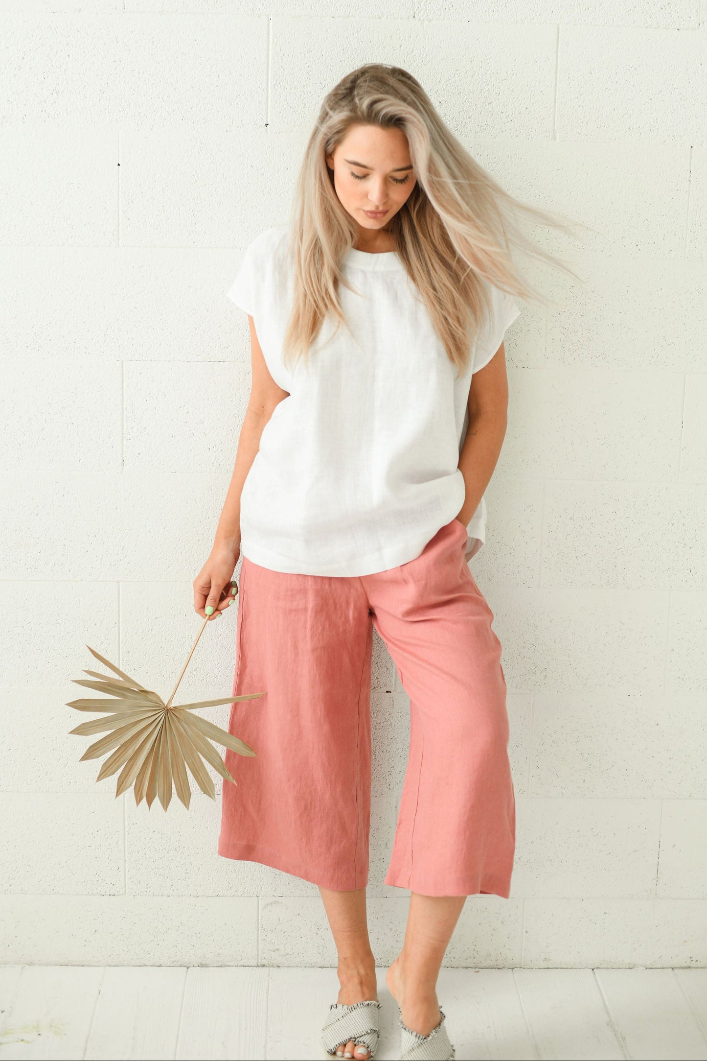 White linen top front view against light background relaxed fit, handmade linen top slow fashion