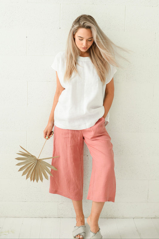 White linen top front view against light background relaxed fit, handmade linen top slow fashion