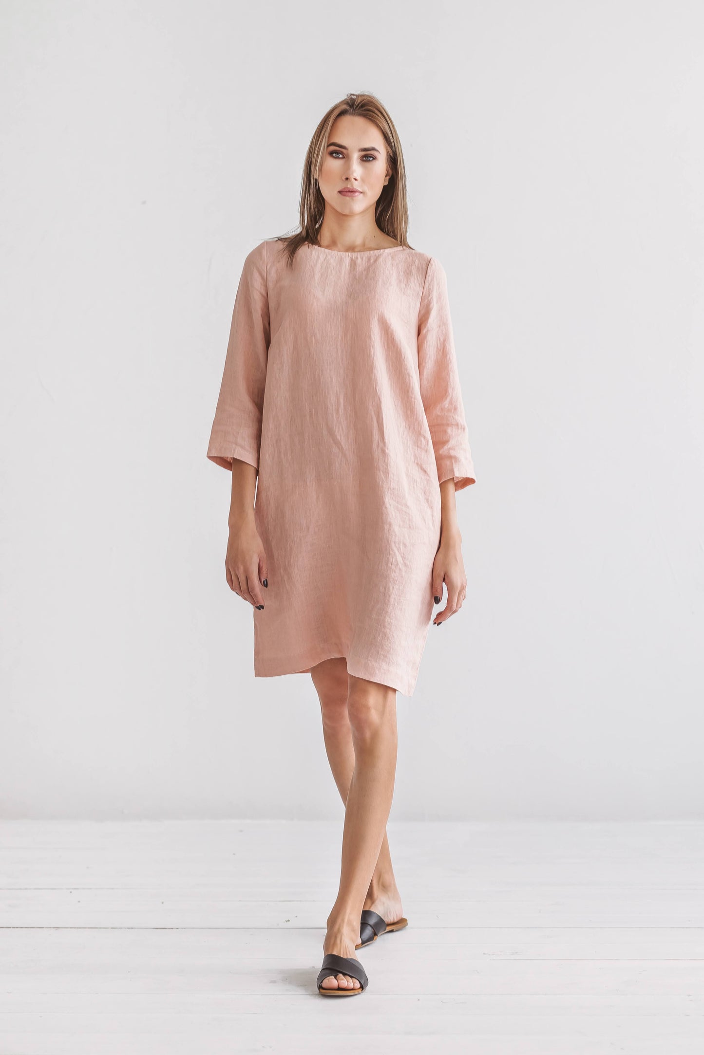 Melinda linen dress, relaxed standing pose