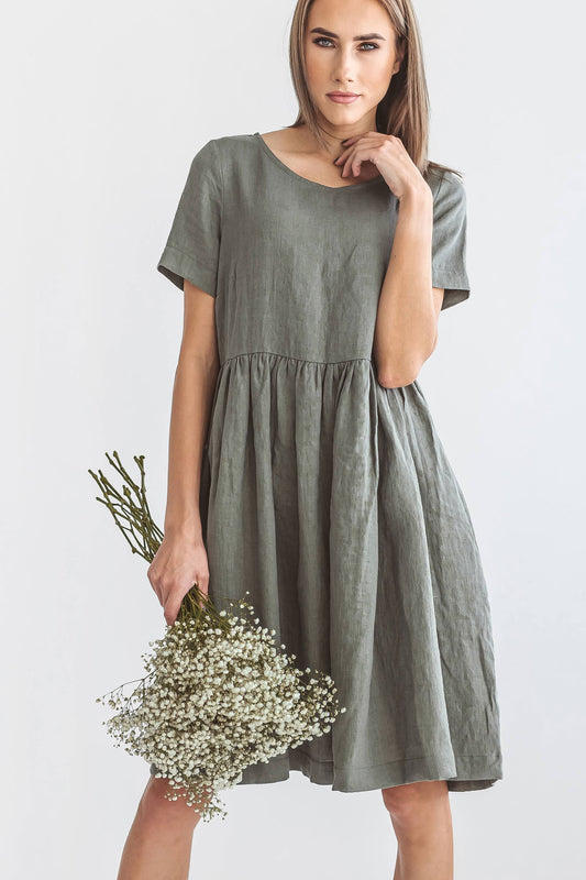 Khaki linen A-line dress front view studio showing relaxed fit, handmade linen dress slow fashion