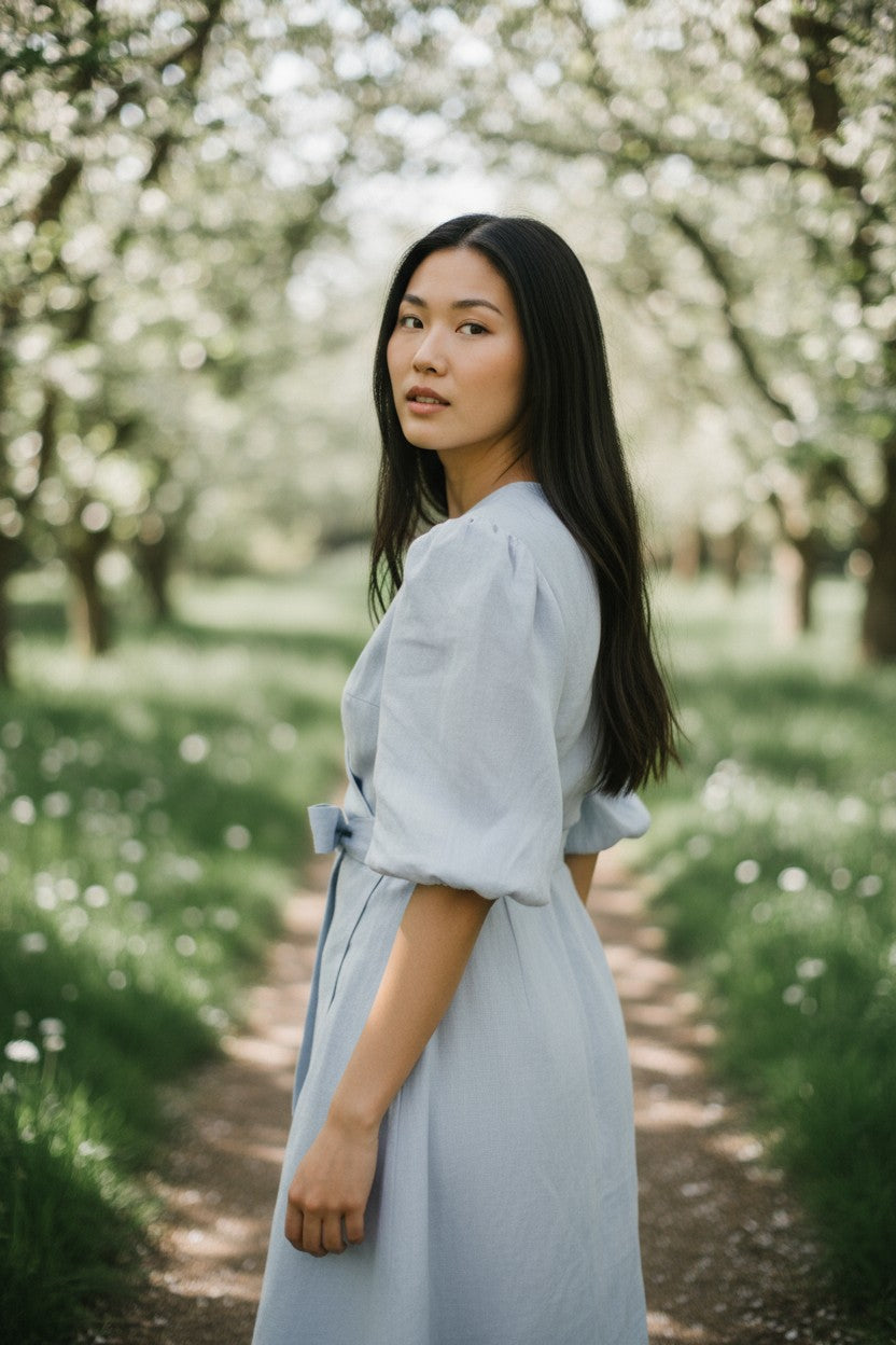 Woman in a light blue dress standing in a garden with trees and greenery.