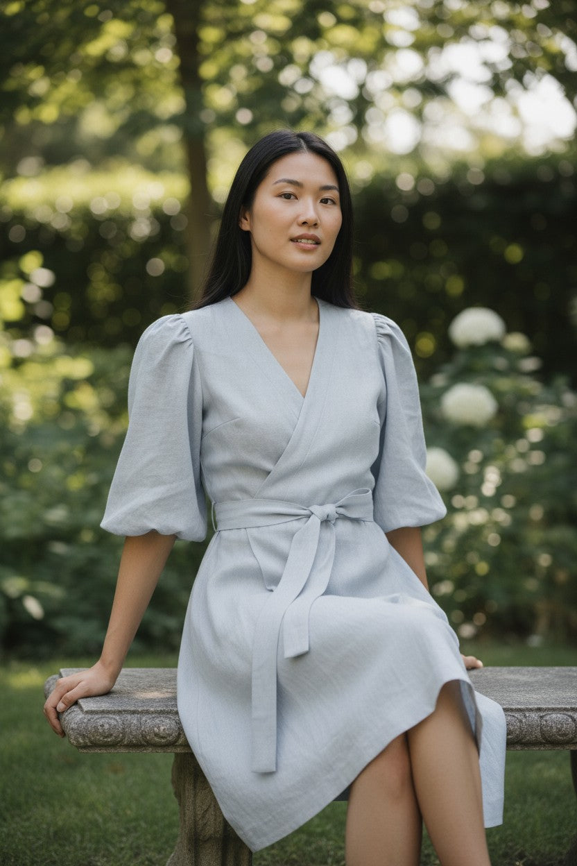 Woman in a light gray dress sitting on a bench with greenery in the background