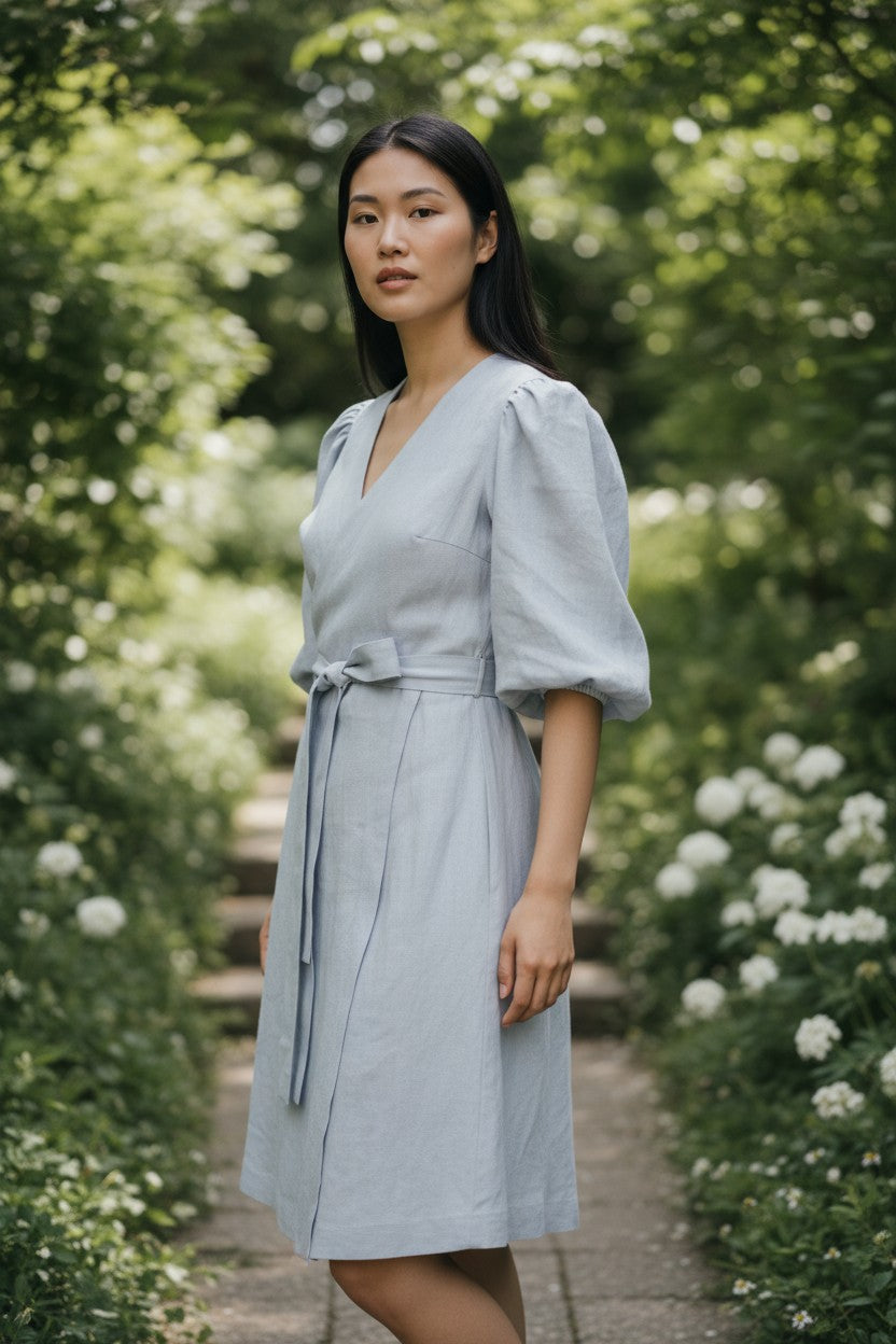 Woman in a light blue dress standing in a garden with greenery and flowers.