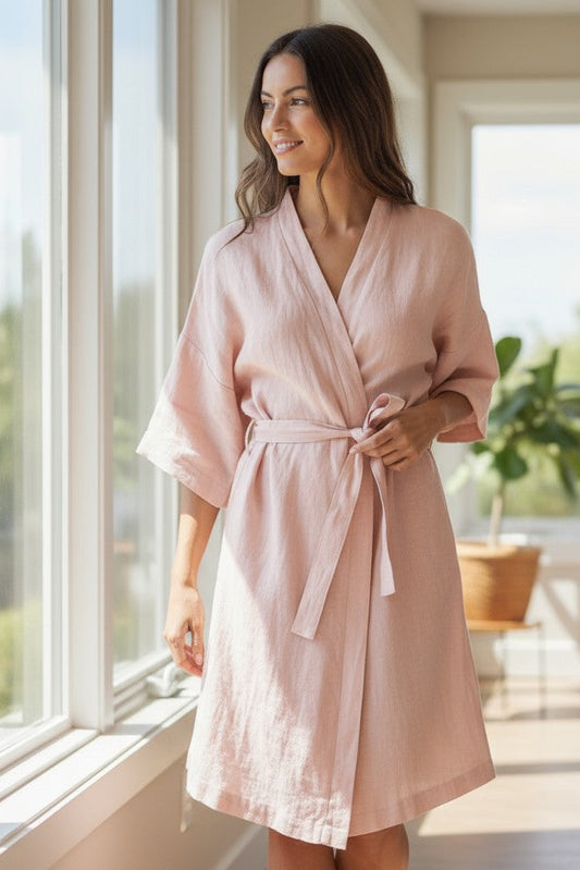 Model wearing the Teresa linen robe standing and facing forward