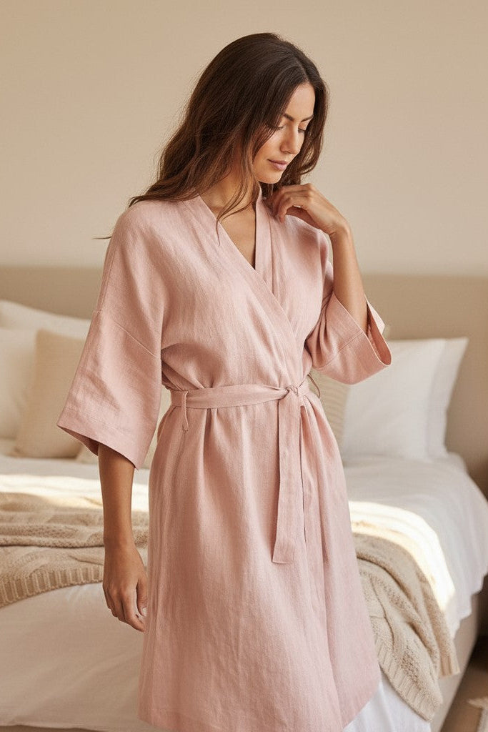 Model wearing the Teresa linen robe standing near a window in natural light