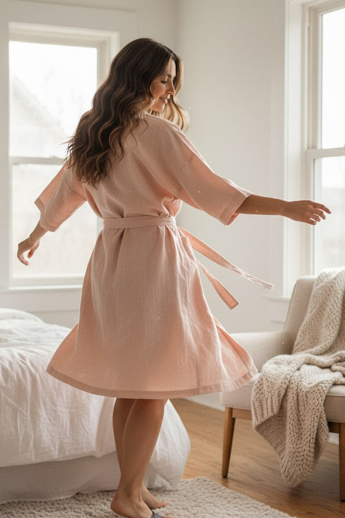 Model wearing the Teresa linen robe in a playful spinning pose indoors
