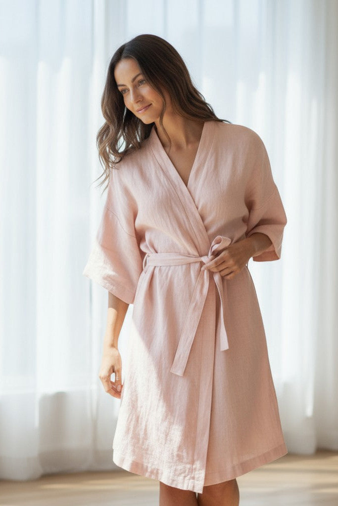 Model wearing the Teresa linen robe standing indoors in a relaxed posture