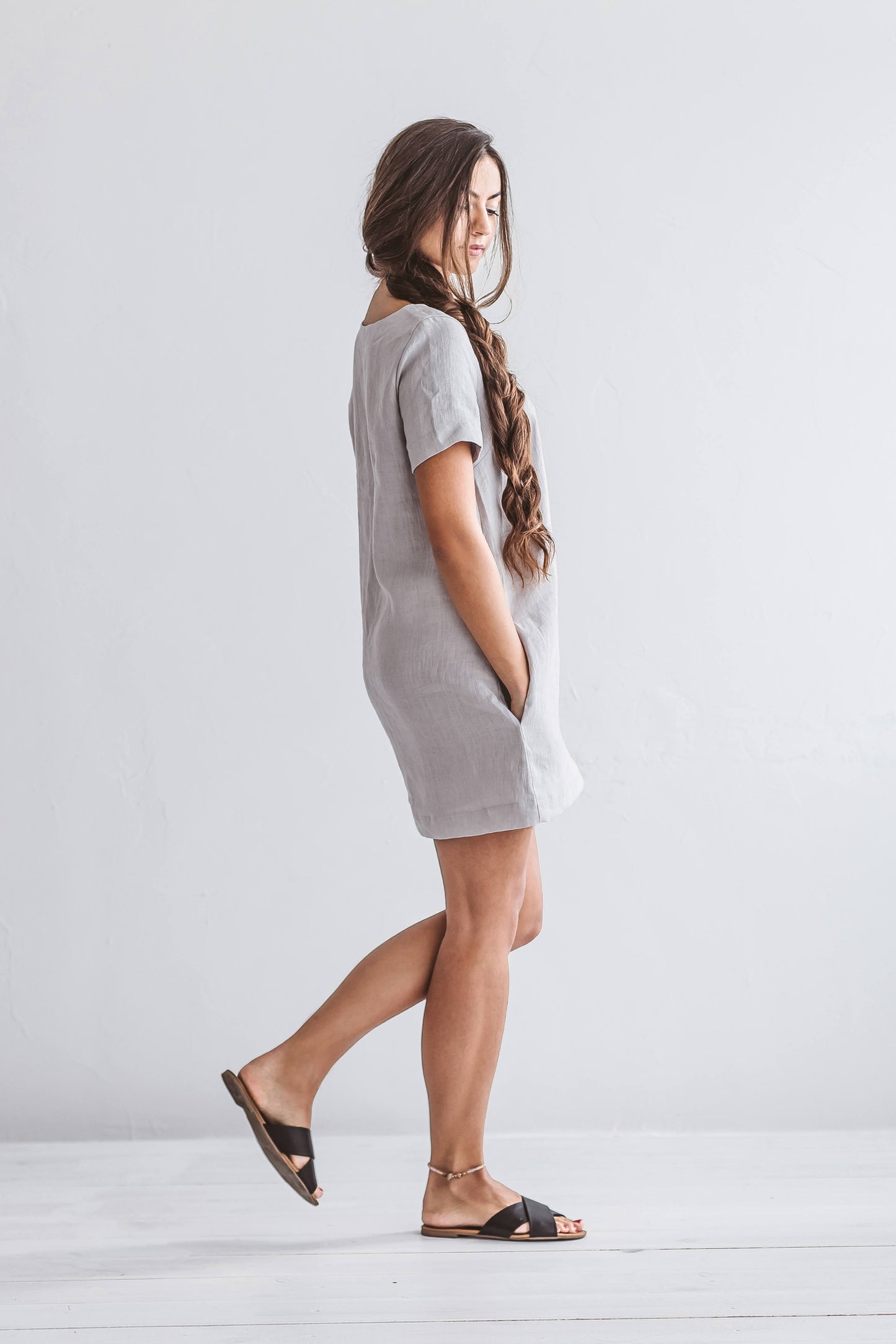 Grey linen dress back view showing a-line silhouette and square neckline, handmade linen dress slow fashion