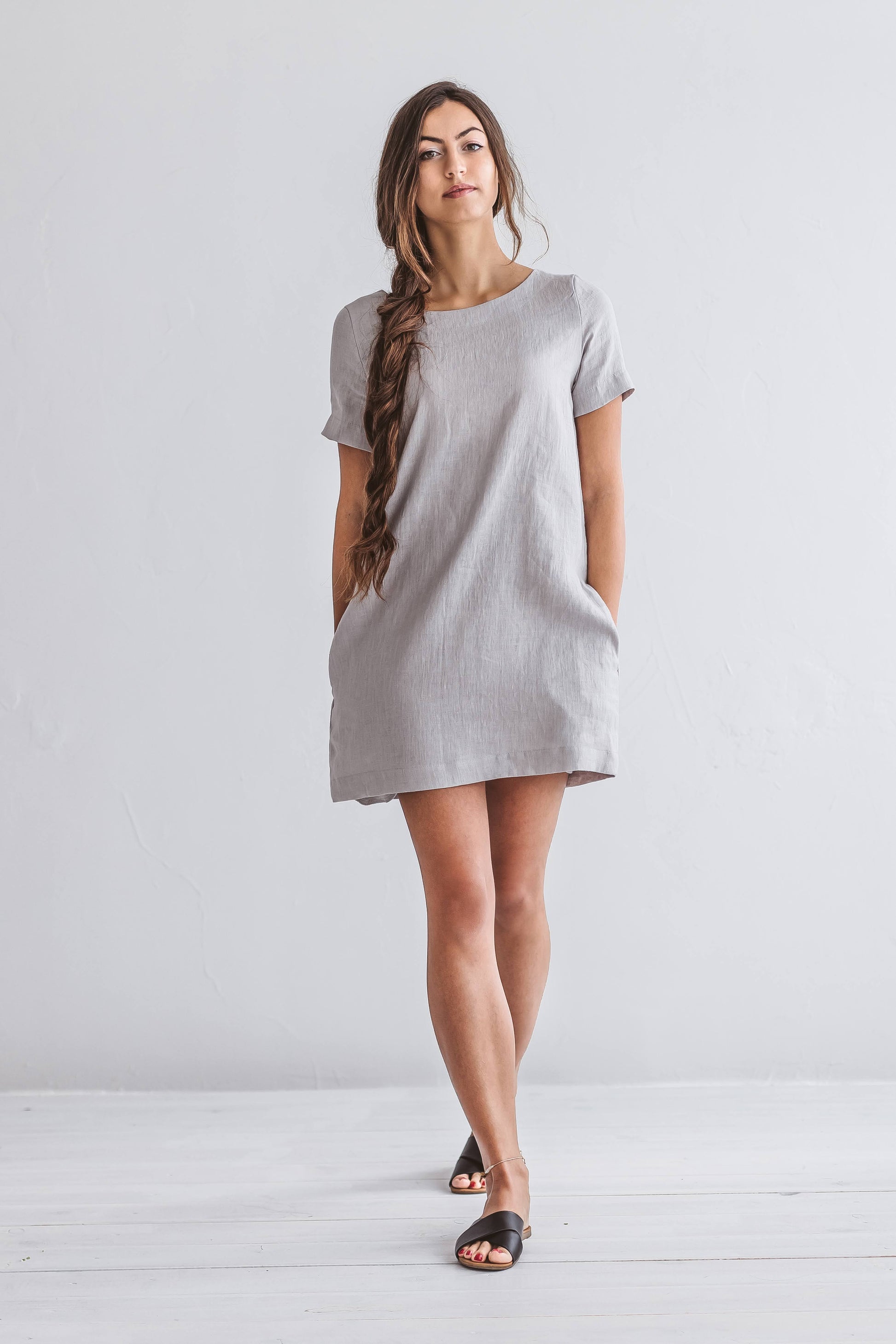 Grey linen dress front studio view showing minimalist square neck design, handmade linen dress slow fashion