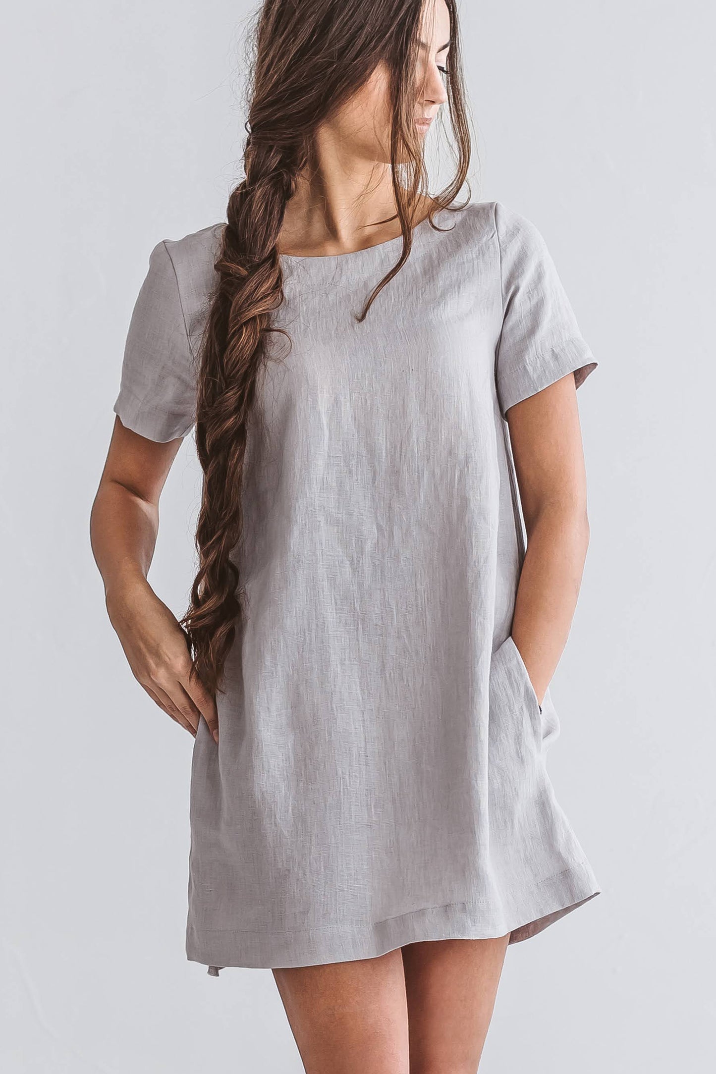 Grey linen dress full-body studio view showing a-line shape, handmade linen dress slow fashion