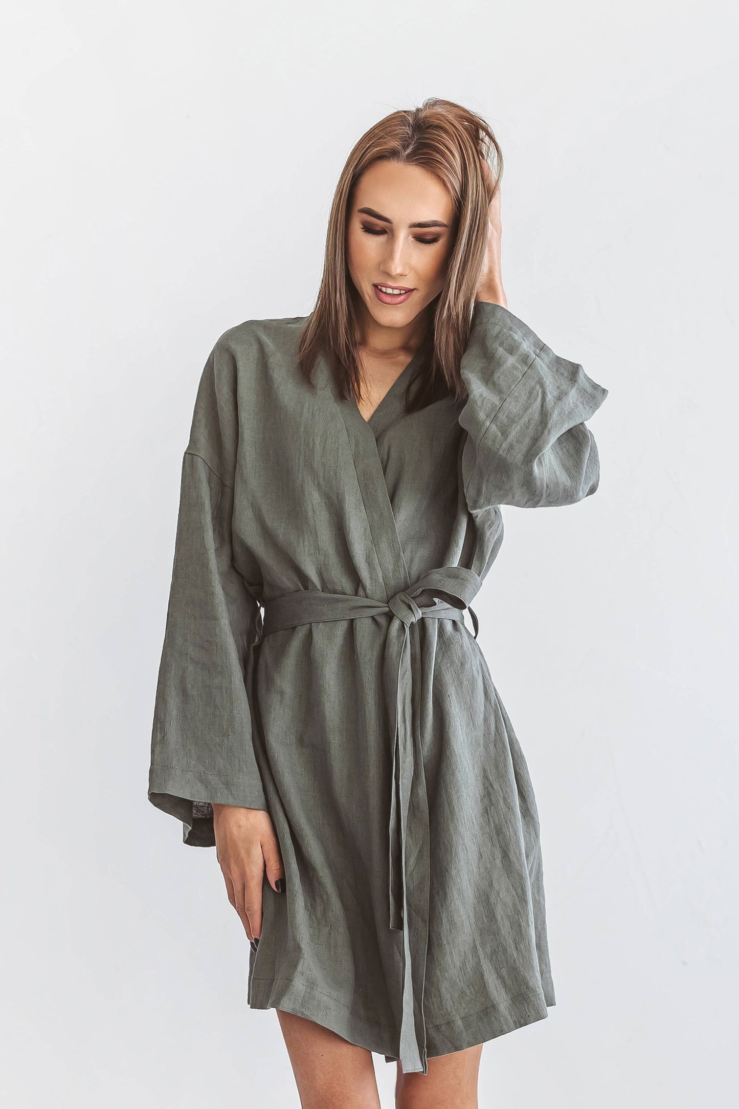 Khaki linen robe detail view showing craftsmanship and quality, handmade linen robe slow fashion