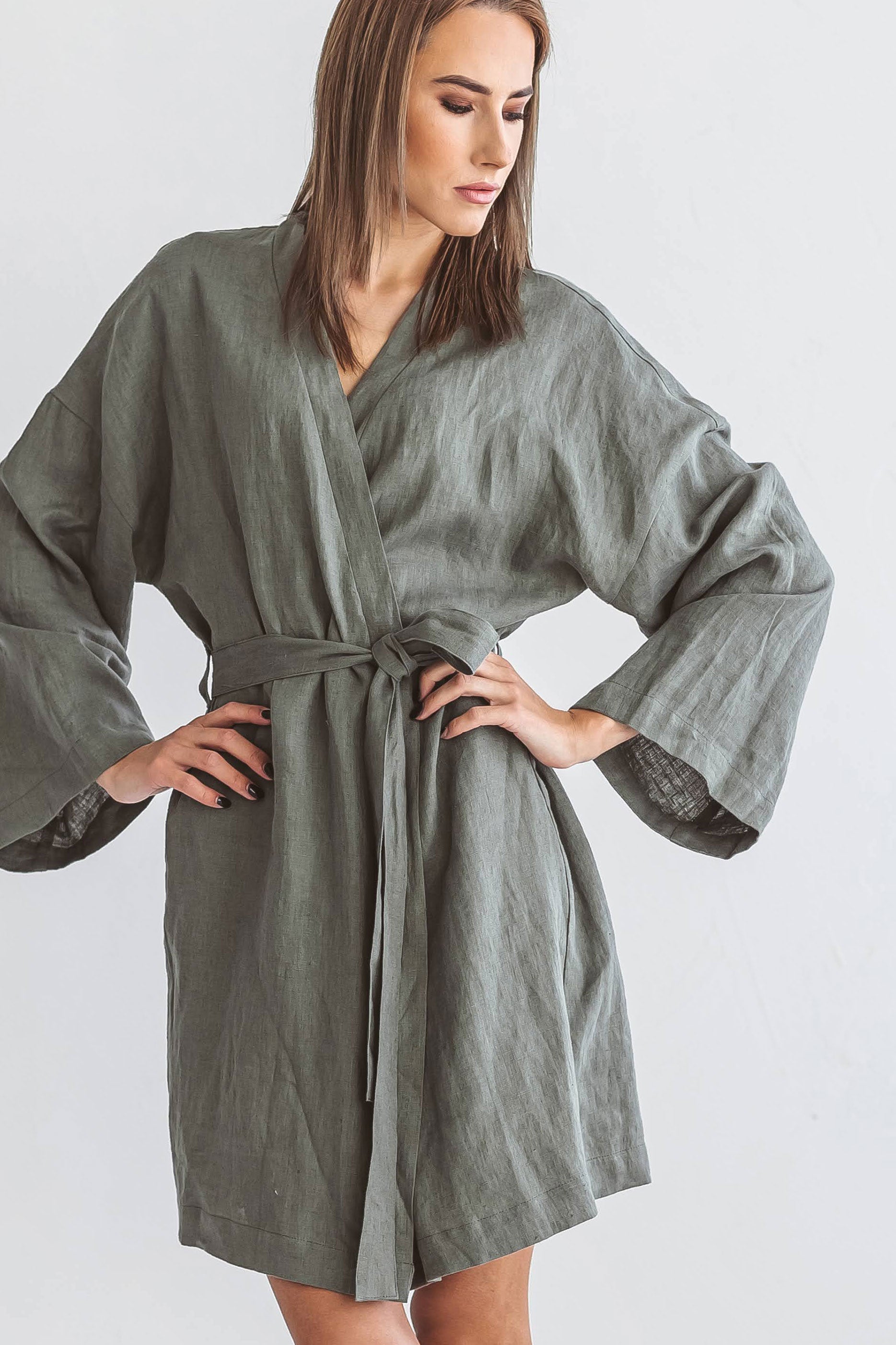 Khaki linen robe full-body view showing effortless style, handmade linen robe slow fashion